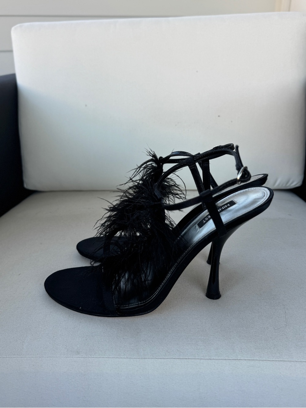 Black Feather-Trim Strappy Heels - SIZE 11